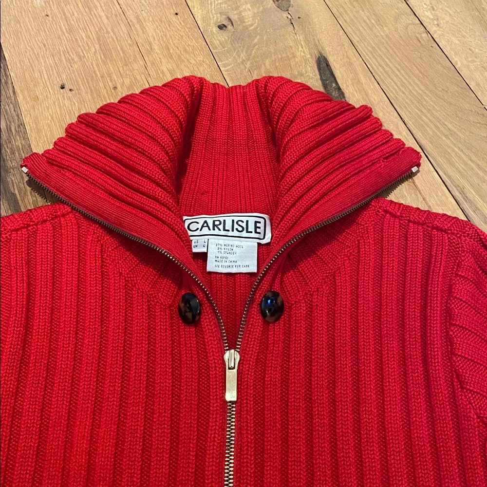 Carlisle Vtg Heavy Ribbed Merino Wool Red Cowl Neck Button Zip Cardigan Jacket L - Picture 15 of 15